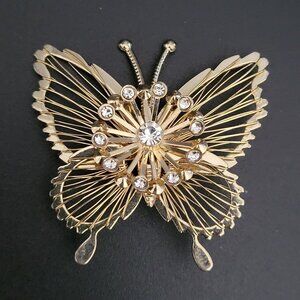 Butterfly Wire Wings Pin Cluster of Clear Rhinestones Brooch Goldtone